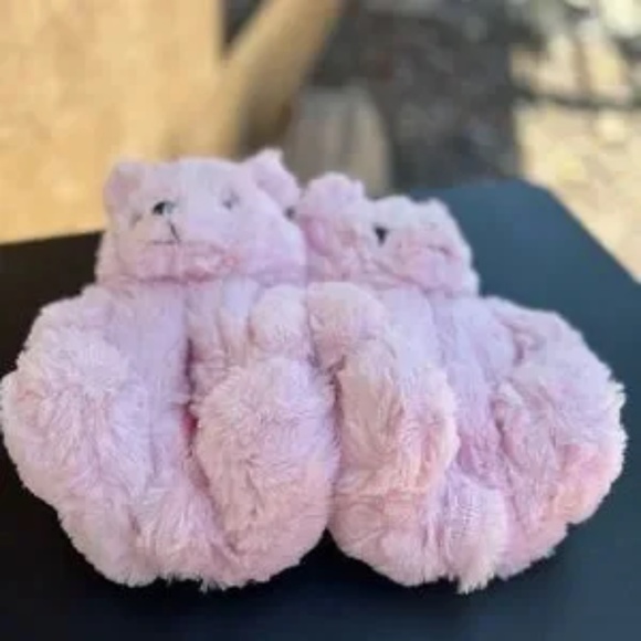 Womens Pink Teddy Bear Slippers OSFM - Picture 3 of 4